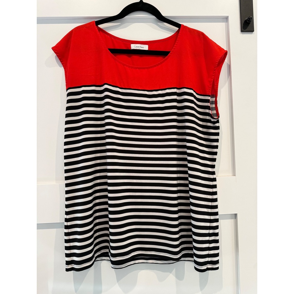 Calvin Klein Red Black White Striped Colorblock Sleeveless Blouse M4FH6817